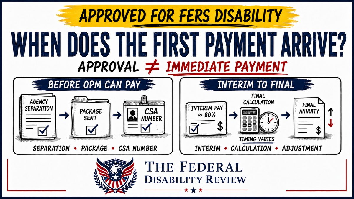 Approved for FERS disability: when does the first payment arrive? Approval does not equal immediate payment. Before OPM can pay: agency separation, package sent, CSA number. Interim to final: interim pay around 80 percent, final calculation (timing varies), final annuity adjustment up or down.