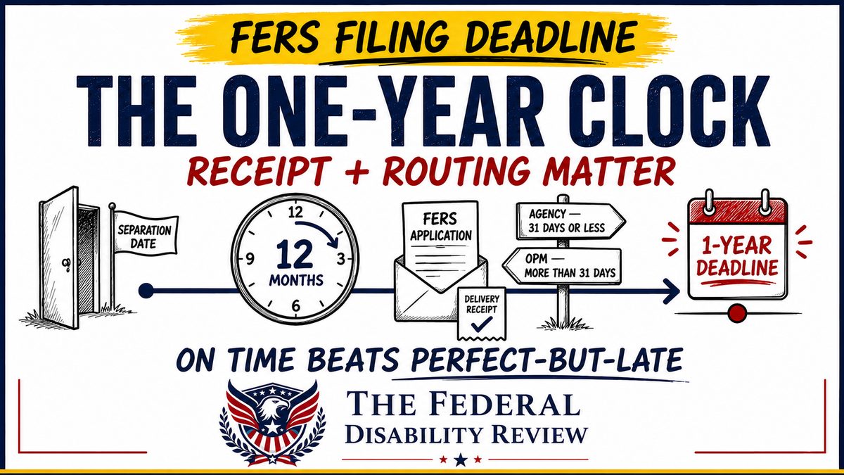 Timeline graphic: the FERS one-year filing clock from separation date to the 1-year deadline, showing receipt and routing checkpoints