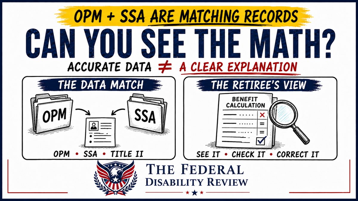 Illustration: OPM and SSA folders exchanging records on one side; a retiree examining a benefit calculation with a magnifying glass on the other — see it, check it, correct it