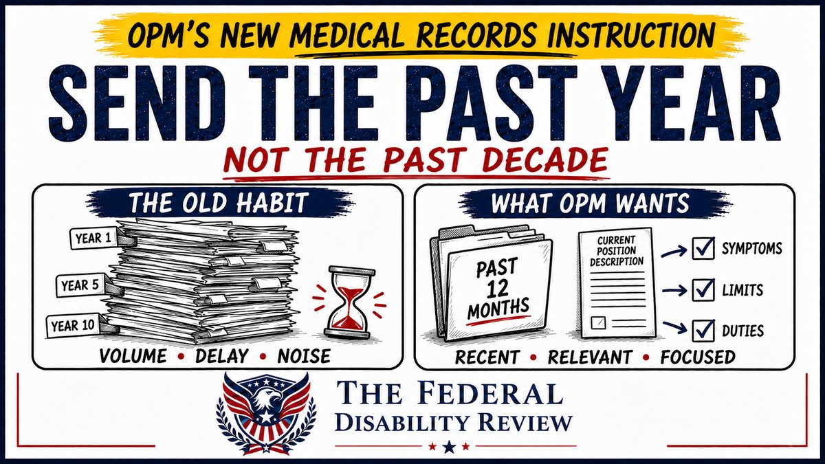 OPM's new medical records instruction: send the past year, not the past decade. The old habit — a ten-year stack of records: volume, delay, noise. What OPM wants — past 12 months, current position description: recent, relevant, focused